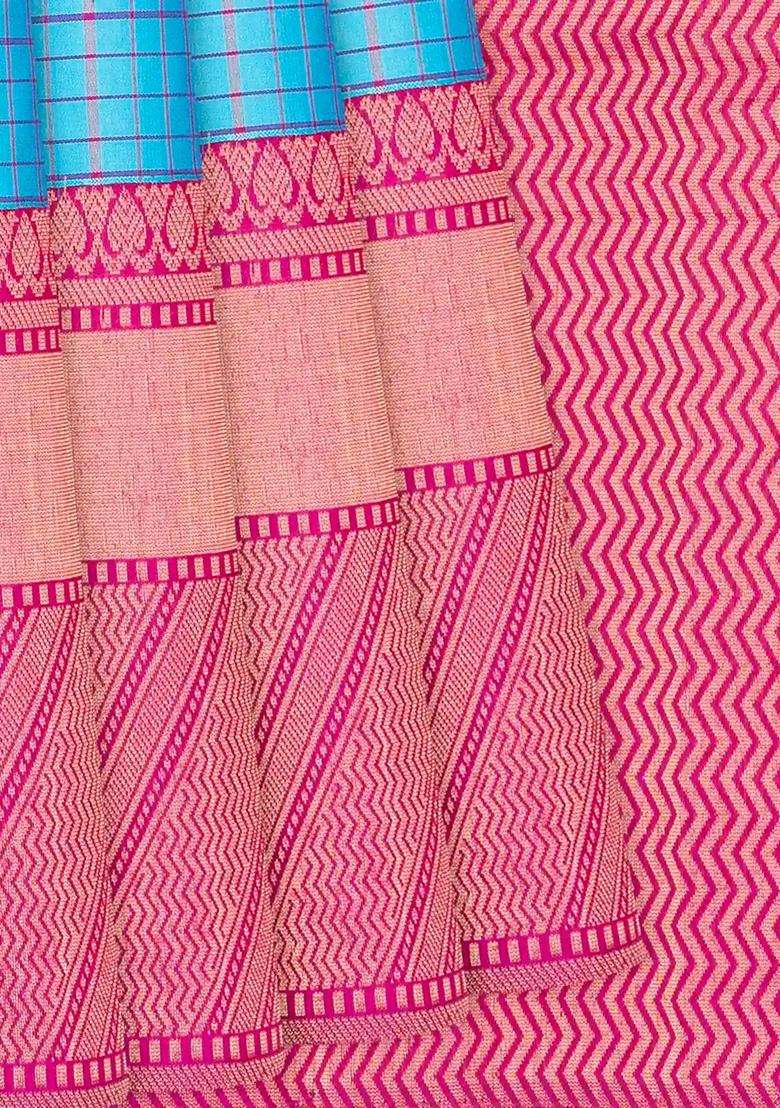 Sky Blue Handloom Soft Silk Saree With Checks Sky Blue With Checks And Stripes Design For Women - Indya