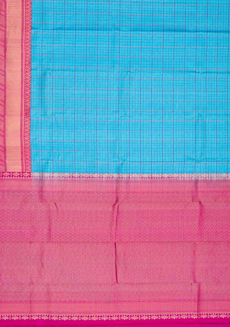 Sky Blue Handloom Soft Silk Saree With Checks Sky Blue With Checks And Stripes Design For Women - Indya