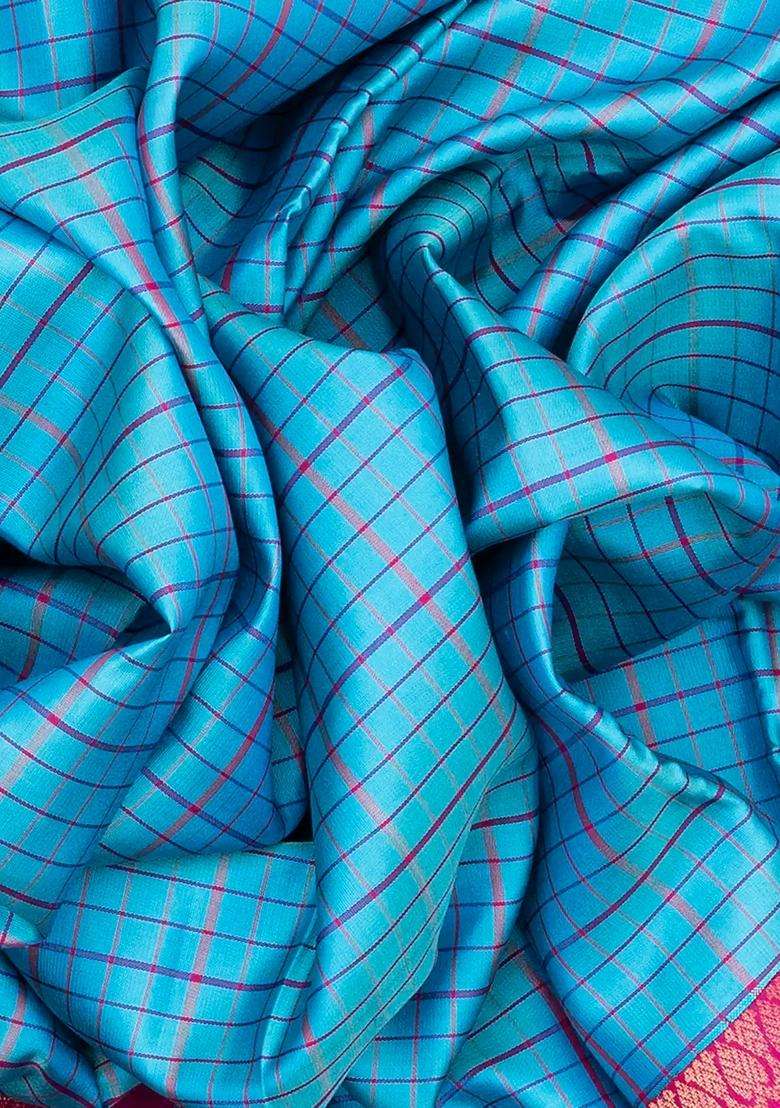 Sky Blue Handloom Soft Silk Saree With Checks Sky Blue With Checks And Stripes Design For Women - Indya