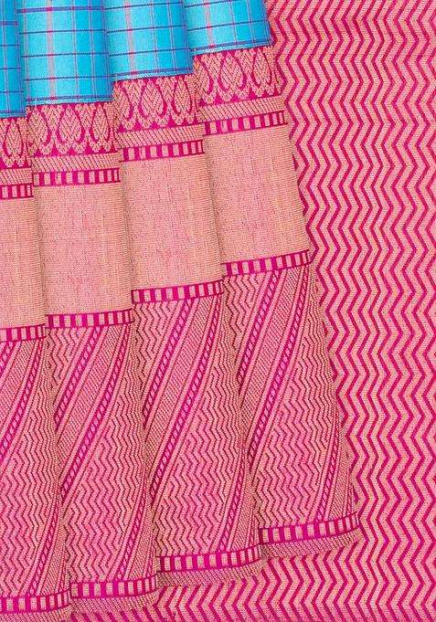 Sky Blue Handloom Soft Silk Saree With Checks Sky Blue With Checks And Stripes Design For Women