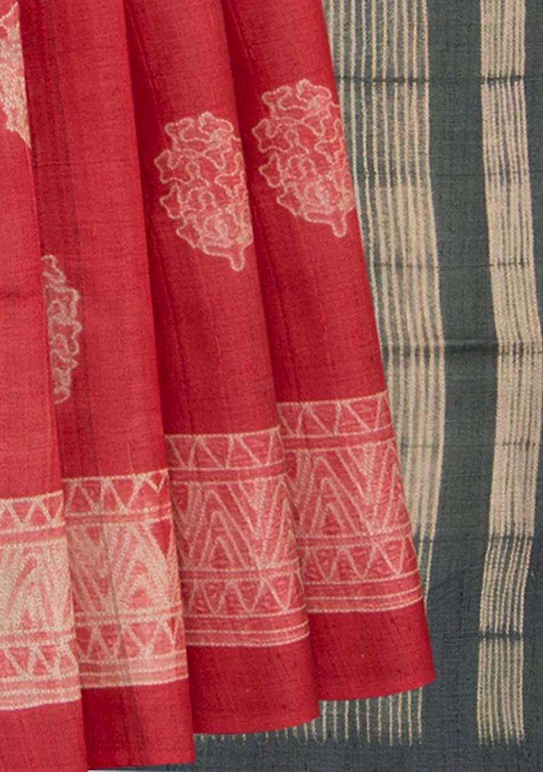 Pink Shibori Hand Printed Tussar Silk Saree With Floral Motifs For Women - Indya