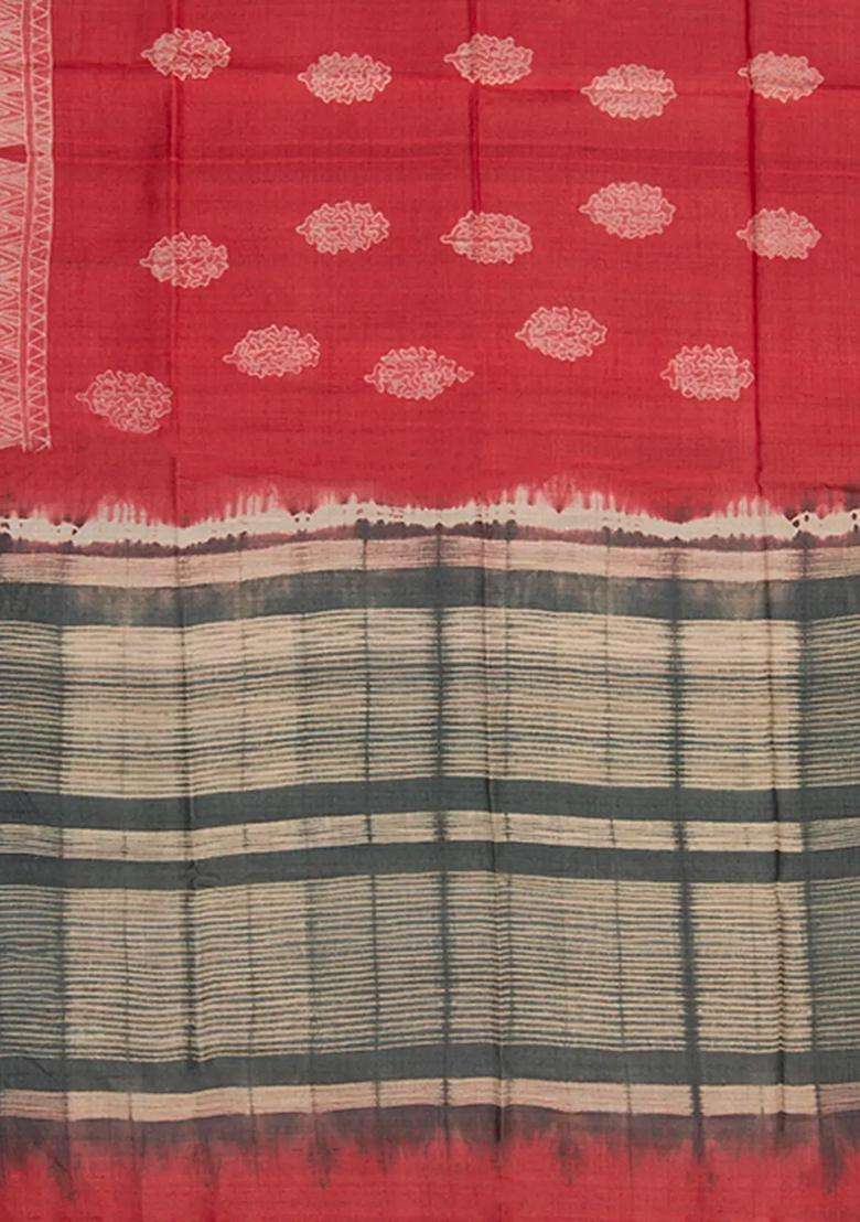 Pink Shibori Hand Printed Tussar Silk Saree With Floral Motifs For Women - Indya