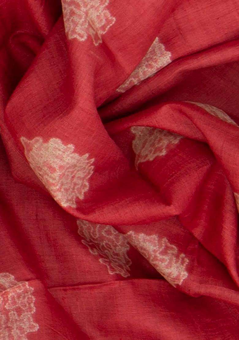 Pink Shibori Hand Printed Tussar Silk Saree With Floral Motifs For Women - Indya