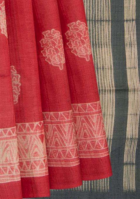 Pink Shibori Hand Printed Tussar Silk Saree With Floral Motifs For Women