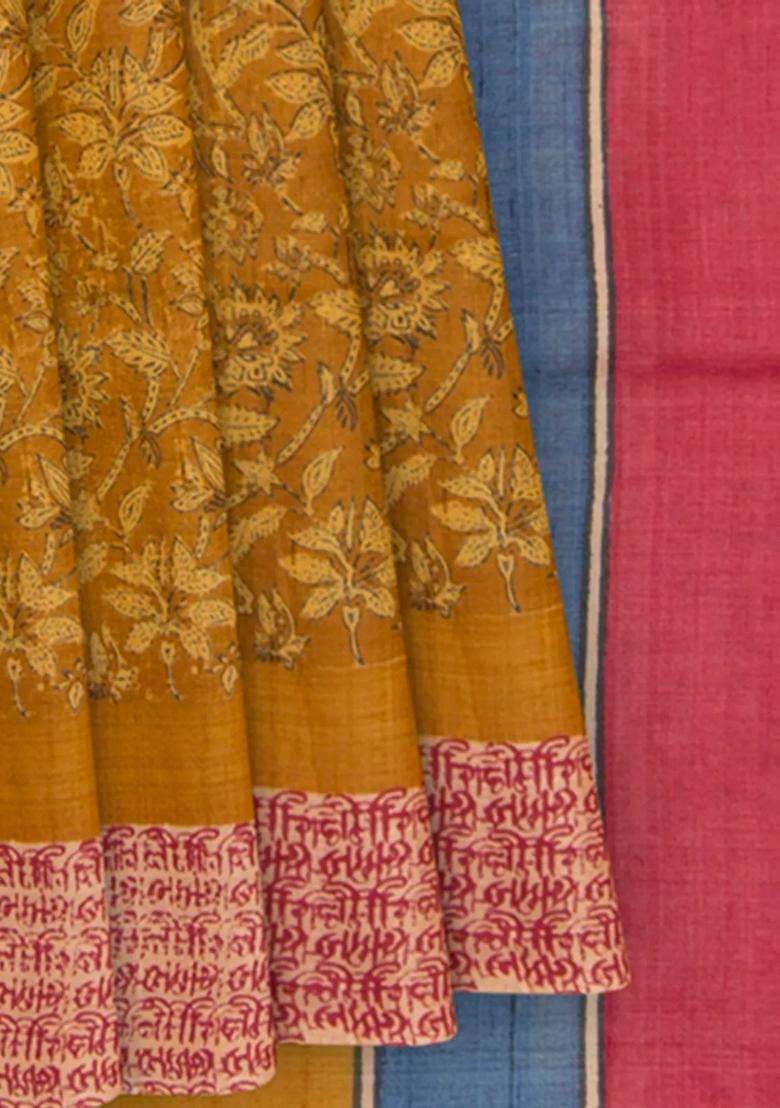 Mustard Tussar Silk Saree Printed For Women - Indya