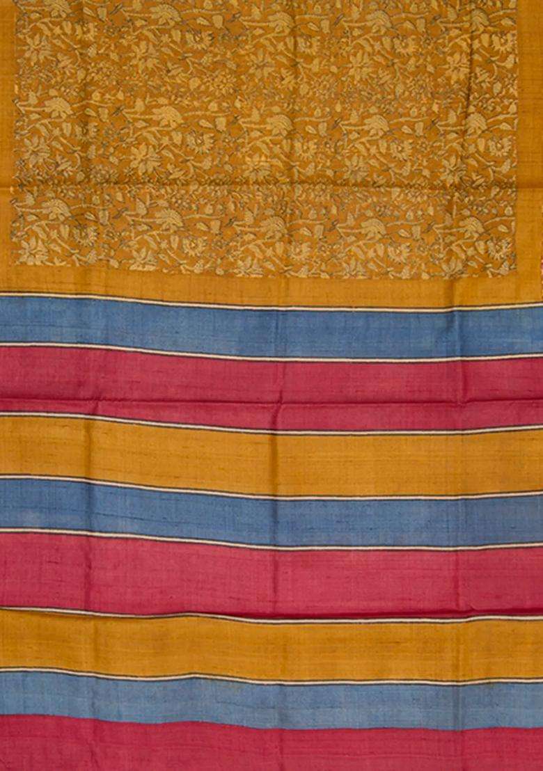 Mustard Tussar Silk Saree Printed For Women - Indya