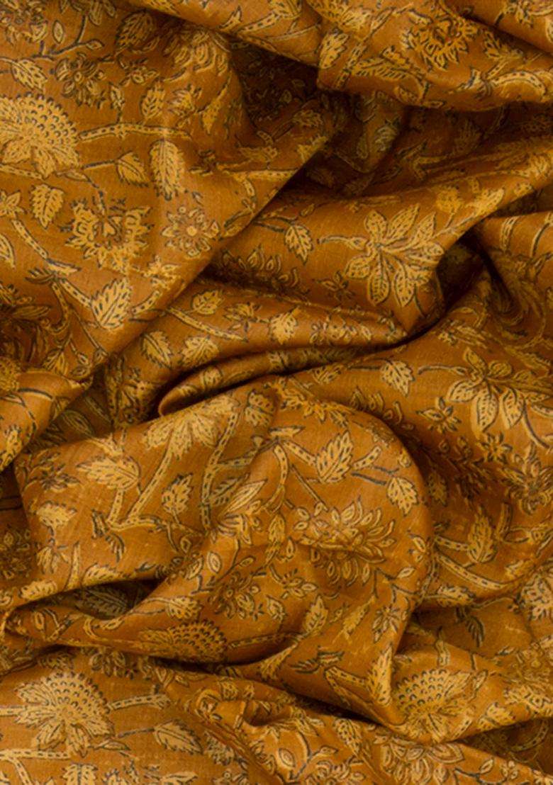 Mustard Tussar Silk Saree Printed For Women - Indya
