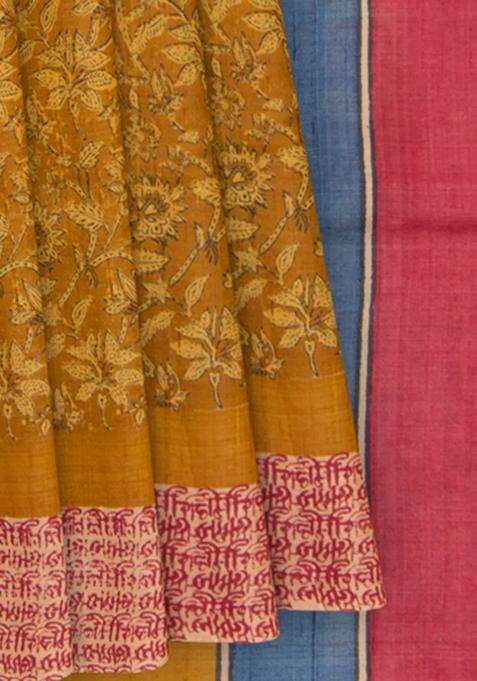 Mustard Tussar Silk Saree Printed For Women