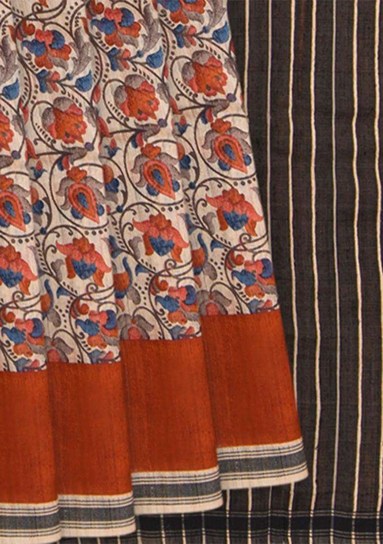 Cream Handwoven Tussar Silk Saree With Print With Printed Design For Women - Indya