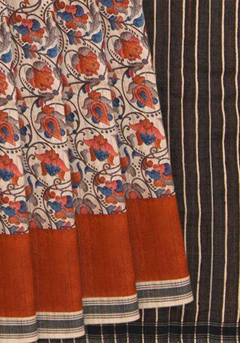 Cream Handwoven Tussar Silk Saree With Print With Printed Design For Women