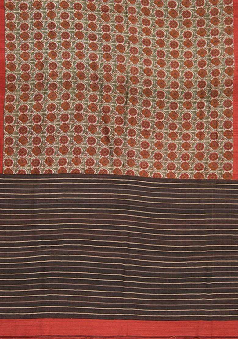 Beige Handwoven Tussar Silk Saree With Print With Printed Design For Women - Indya