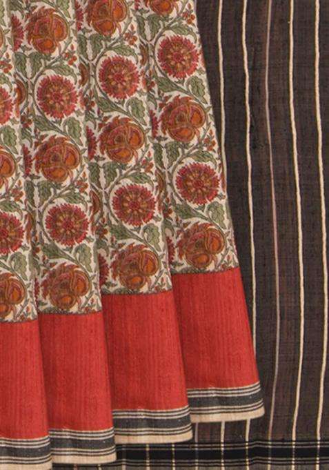 Beige Handwoven Tussar Silk Saree With Print With Printed Design For Women