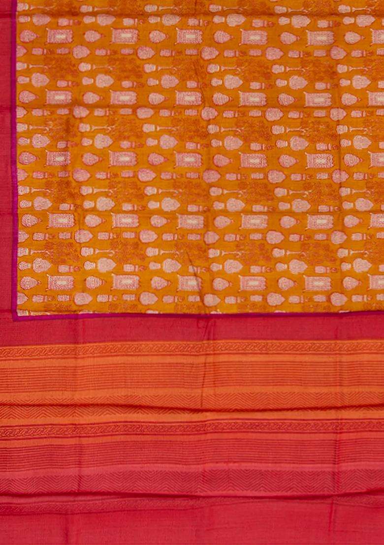 Mustard Handwoven Printed Tussar Silk Saree With Potteries Motif Contrast Red Border Mustard For Women - Indya
