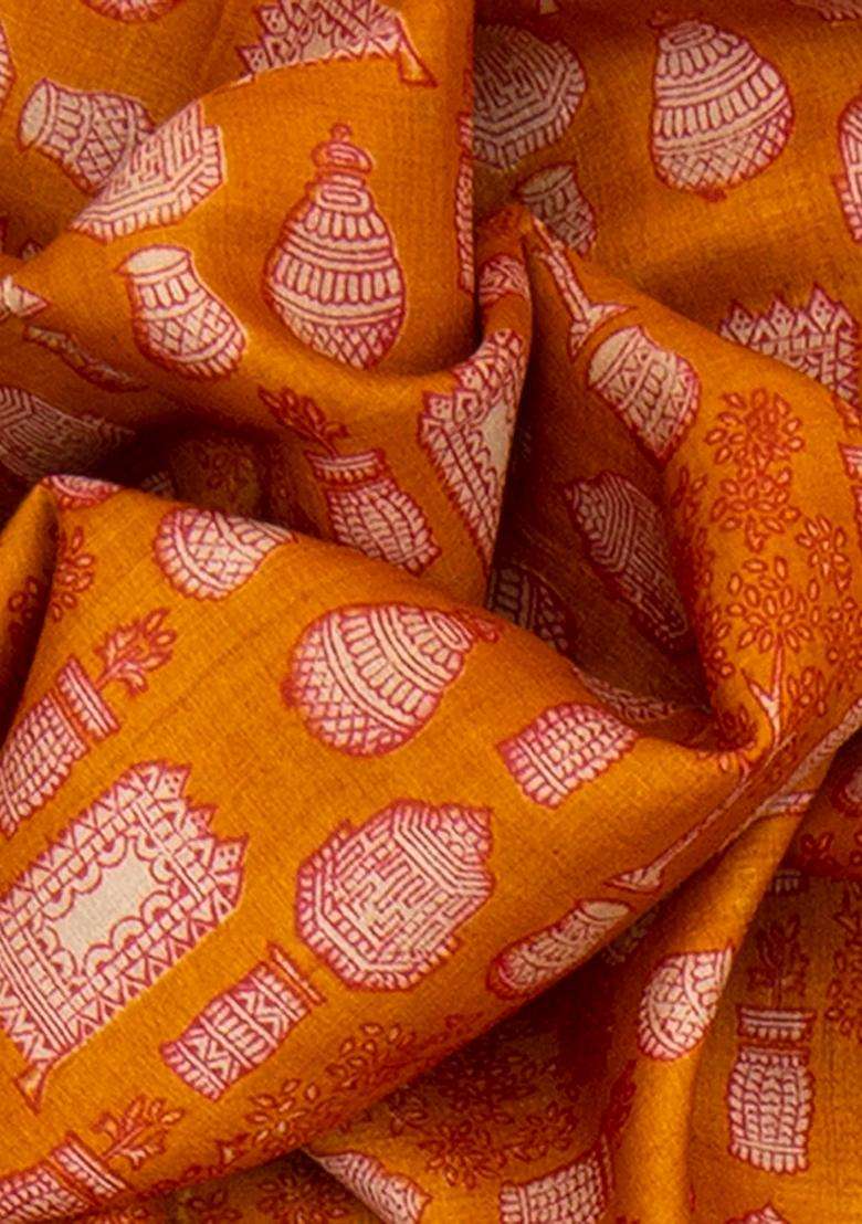 Mustard Handwoven Printed Tussar Silk Saree With Potteries Motif Contrast Red Border Mustard For Women - Indya