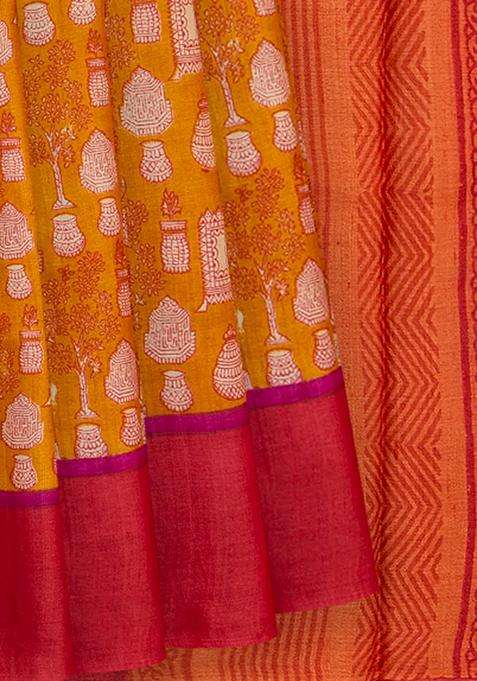 Mustard Handwoven Printed Tussar Silk Saree With Potteries Motif Contrast Red Border Mustard For Women