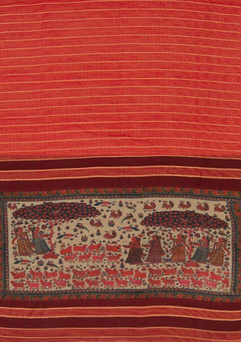 Orange Tussar Silk Saree With Stripes Orange With Printed Design For Women - Indya