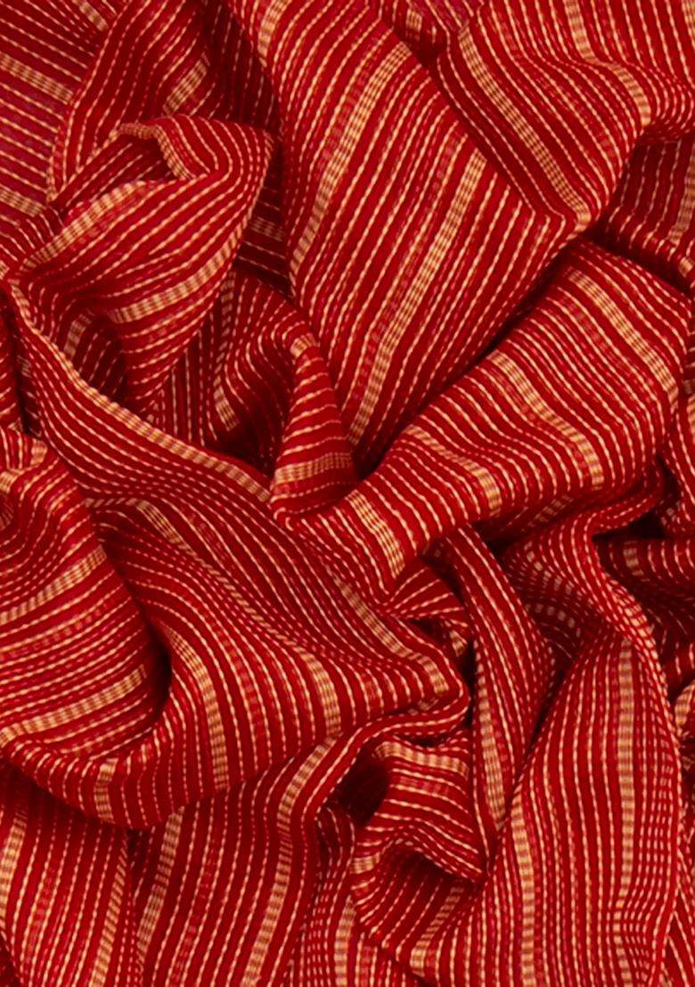 Orange Tussar Silk Saree With Stripes Orange With Printed Design For Women - Indya