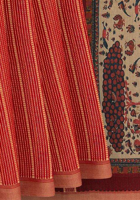 Orange Tussar Silk Saree With Stripes Orange With Printed Design For Women