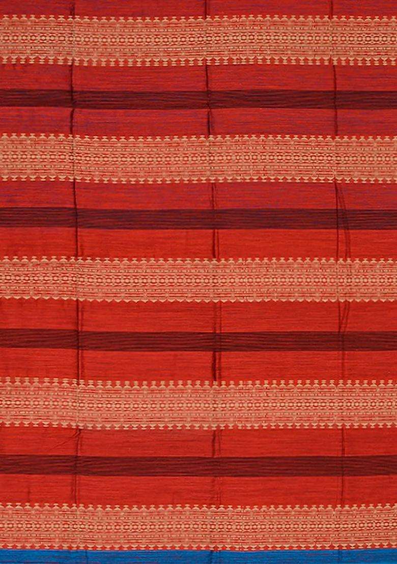 Rust Handwoven Tussar Silk Saree With Micro Motifs Stripes Rust With Checks And Stripes Design For Women - Indya