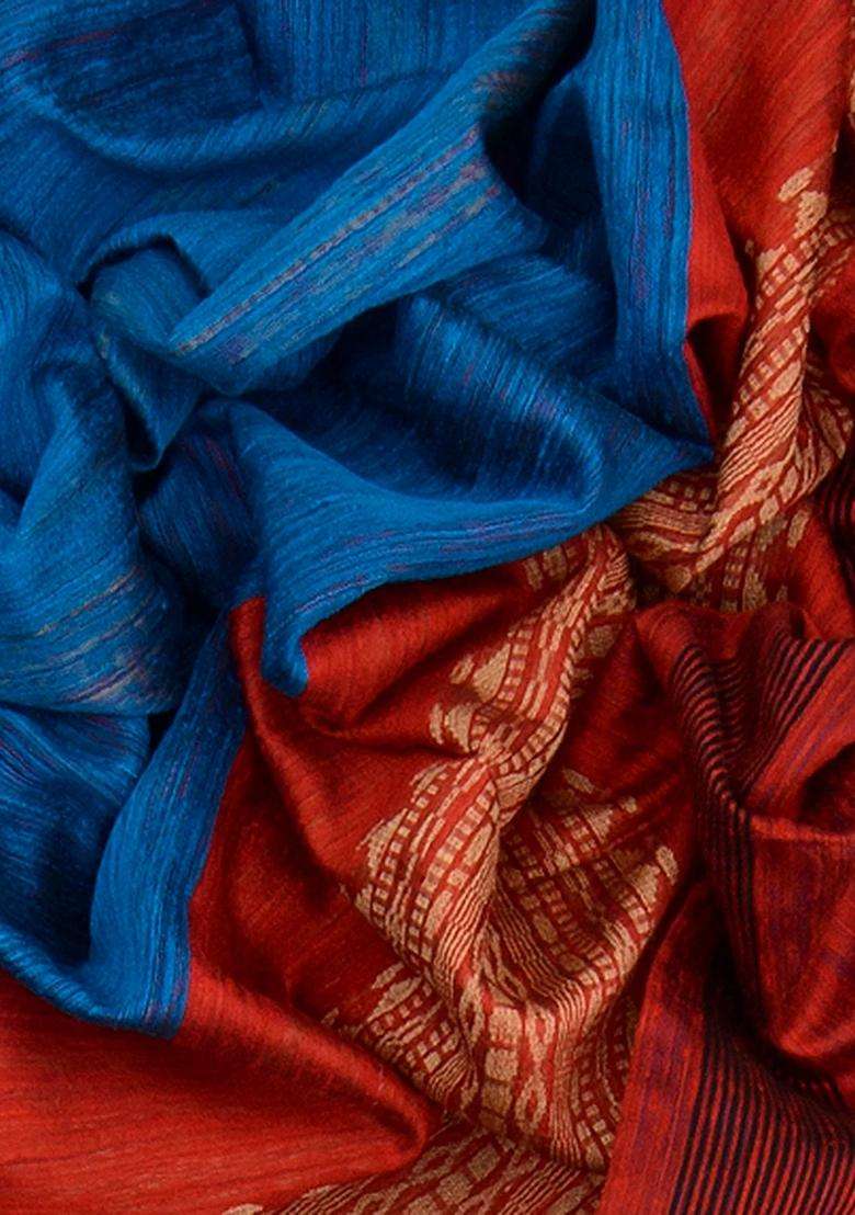 Rust Handwoven Tussar Silk Saree With Micro Motifs Stripes Rust With Checks And Stripes Design For Women - Indya