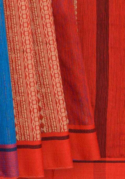 Rust Handwoven Tussar Silk Saree With Micro Motifs Stripes Rust With Checks And Stripes Design For Women