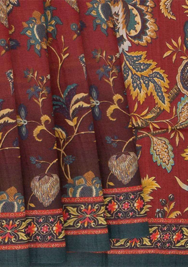 Rust Handwoven Tussar Printed Silk Saree With Floral Vine Motifs Rust For Women - Indya