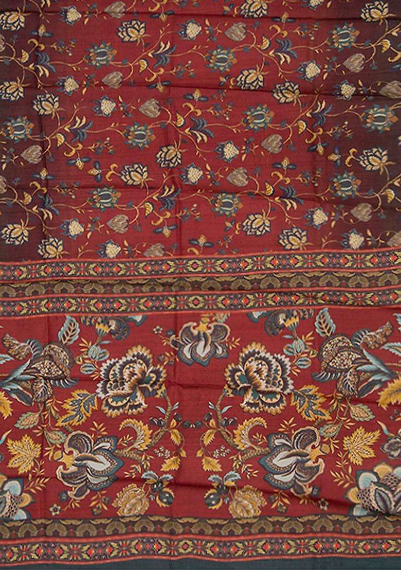 Rust Handwoven Tussar Printed Silk Saree With Floral Vine Motifs Rust For Women - Indya