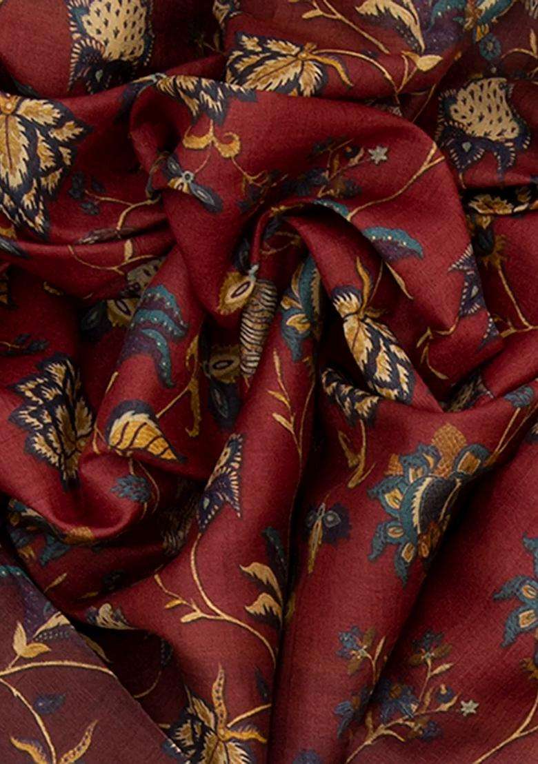 Rust Handwoven Tussar Printed Silk Saree With Floral Vine Motifs Rust For Women - Indya