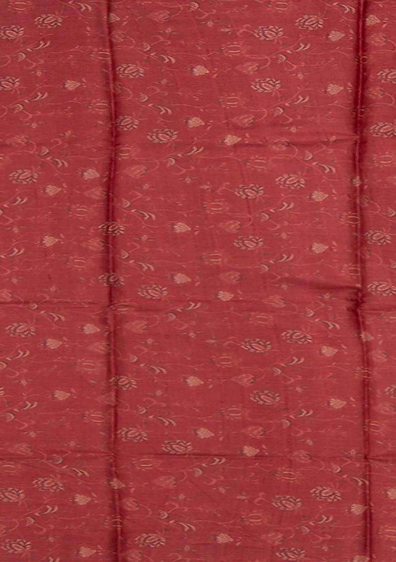 Rust Handwoven Tussar Printed Silk Saree With Floral Vine Motifs Rust For Women - Indya