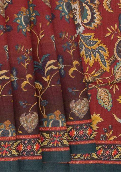 Rust Handwoven Tussar Printed Silk Saree With Floral Vine Motifs Rust For Women