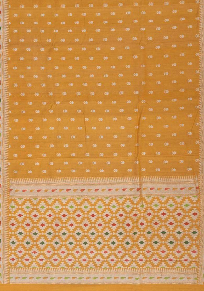 Mustard Handloom Tussar Silk Saree With Meena Border Mustard With Buttas And Brocade Design For Women - Indya