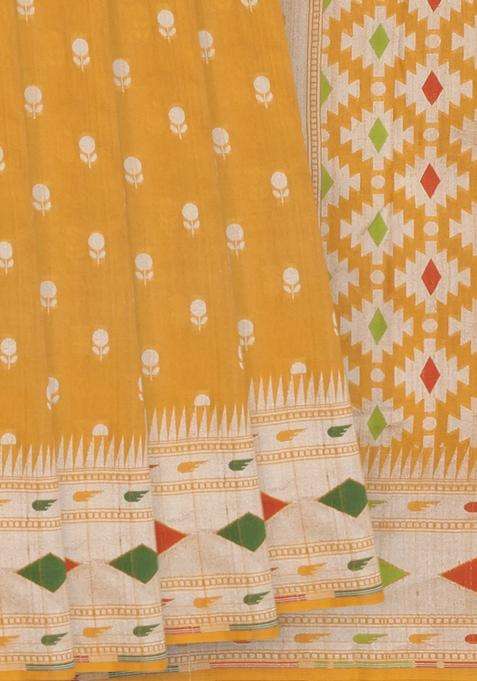 Mustard Handloom Tussar Silk Saree With Meena Border Mustard With Buttas And Brocade Design For Women