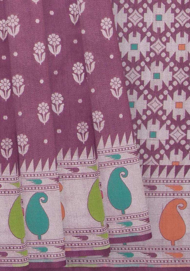 Magenta Handloom Tussar Silk Saree With Meena Border Magenta With Buttas And Brocade Design For Women - Indya