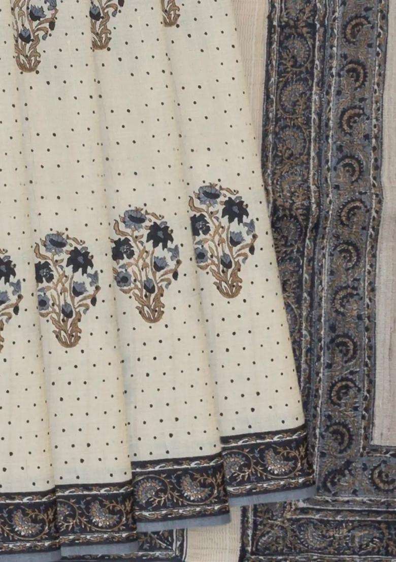 Off White Printed Tussar Silk Saree With Floral Motifs Off White For Women - Indya