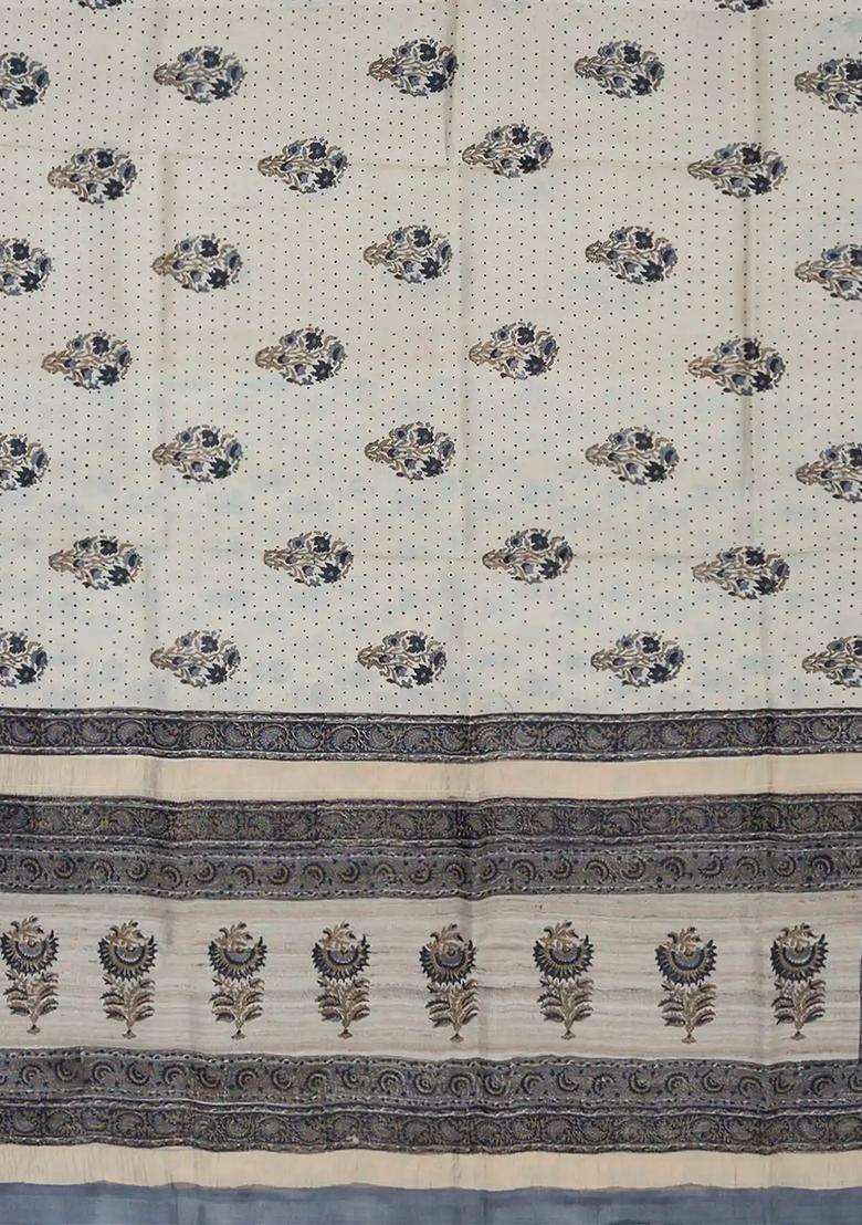 Off White Printed Tussar Silk Saree With Floral Motifs Off White For Women - Indya