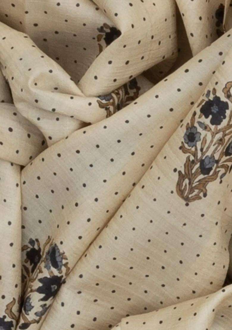 Off White Printed Tussar Silk Saree With Floral Motifs Off White For Women - Indya
