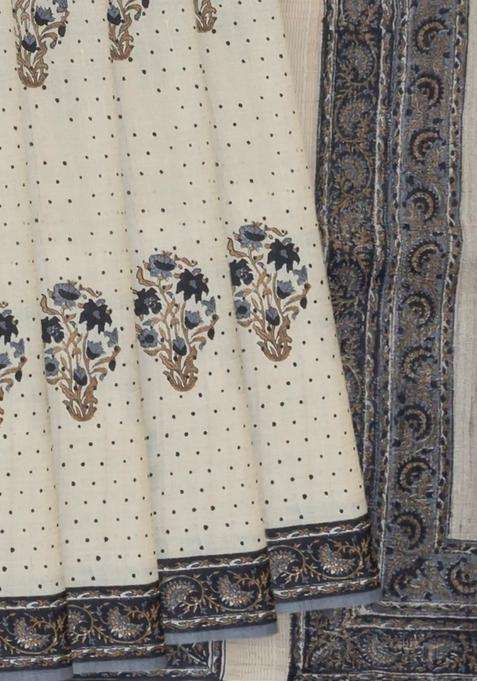 Off White Printed Tussar Silk Saree With Floral Motifs Off White For Women