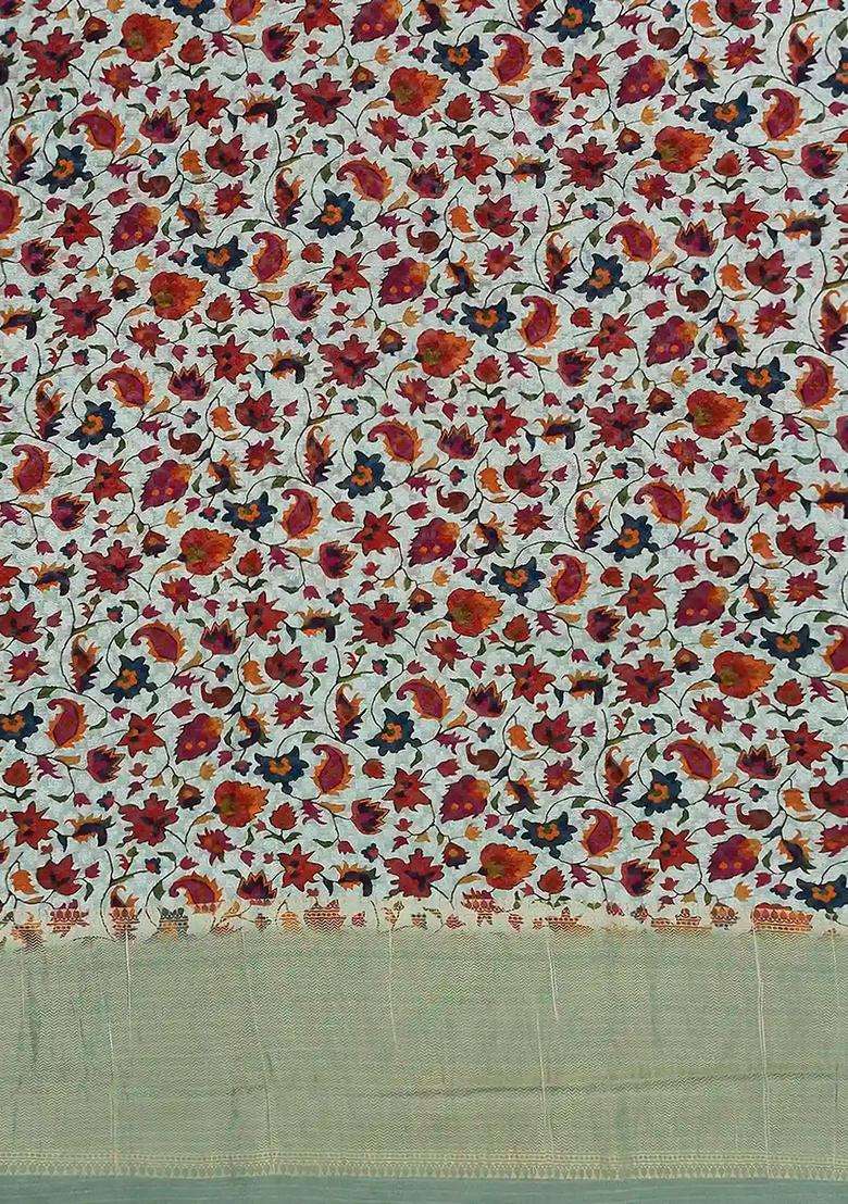 Off White Handloom Printed Tussar Silk Saree With Floral Vine Motifs Off White For Women - Indya