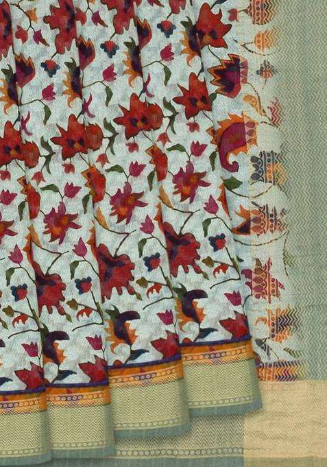 Off White Handloom Printed Tussar Silk Saree With Floral Vine Motifs Off White For Women