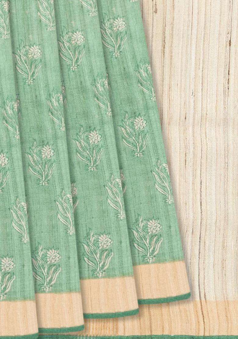 Cardamom Green Handloom Tussar Silk Saree With Printed Floral Motifs Beige Border Cardamom Green For Women - Indya