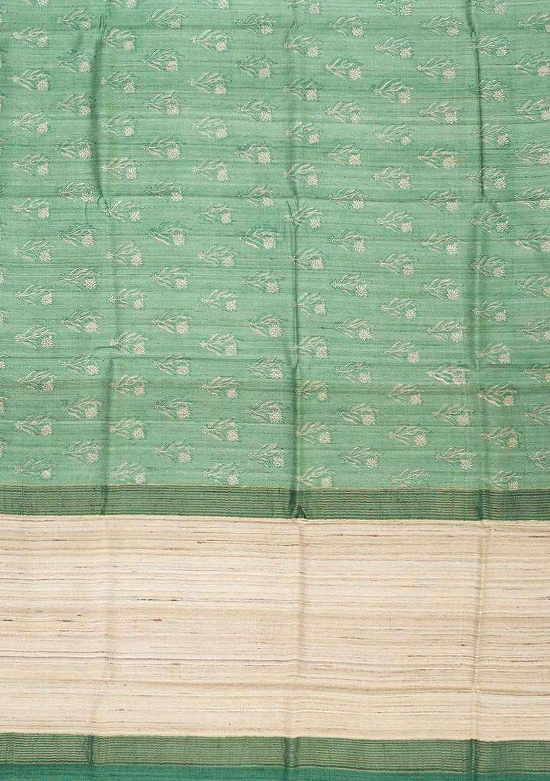 Cardamom Green Handloom Tussar Silk Saree With Printed Floral Motifs Beige Border Cardamom Green For Women - Indya