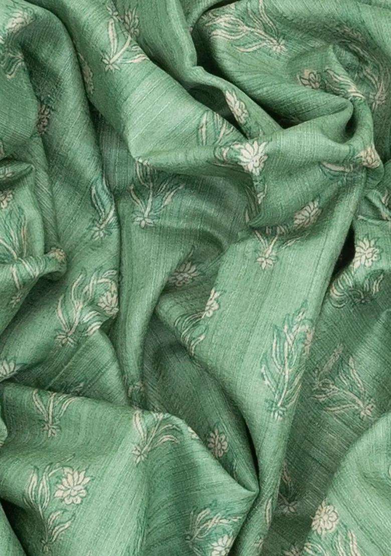 Cardamom Green Handloom Tussar Silk Saree With Printed Floral Motifs Beige Border Cardamom Green For Women - Indya