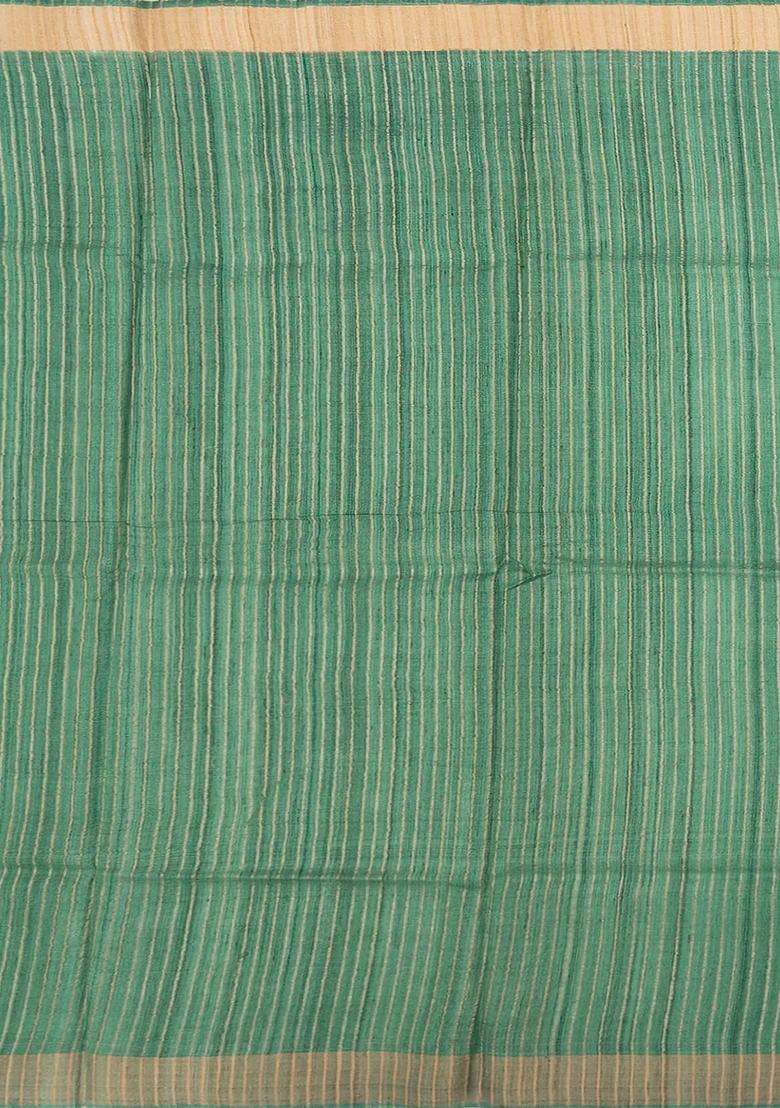 Cardamom Green Handloom Tussar Silk Saree With Printed Floral Motifs Beige Border Cardamom Green For Women - Indya