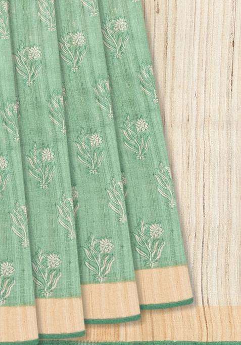 Cardamom Green Handloom Tussar Silk Saree With Printed Floral Motifs Beige Border Cardamom Green For Women