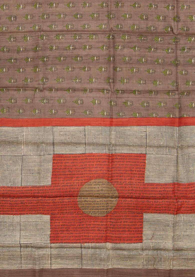 Taupe Handloom Tussar Silk Saree With Printed Lotus Motifs Taupe For Women - Indya