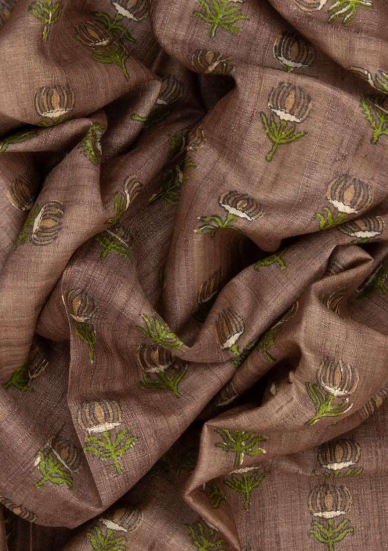 Taupe Handloom Tussar Silk Saree With Printed Lotus Motifs Taupe For Women - Indya