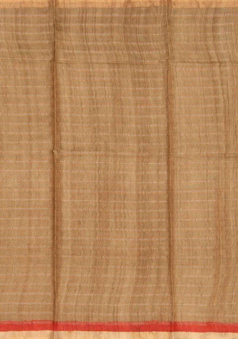 Taupe Handloom Tussar Silk Saree With Printed Lotus Motifs Taupe For Women - Indya