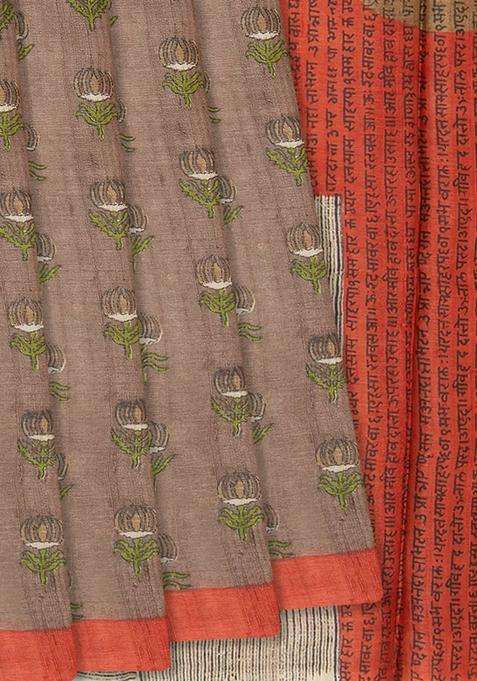 Taupe Handloom Tussar Silk Saree With Printed Lotus Motifs Taupe For Women