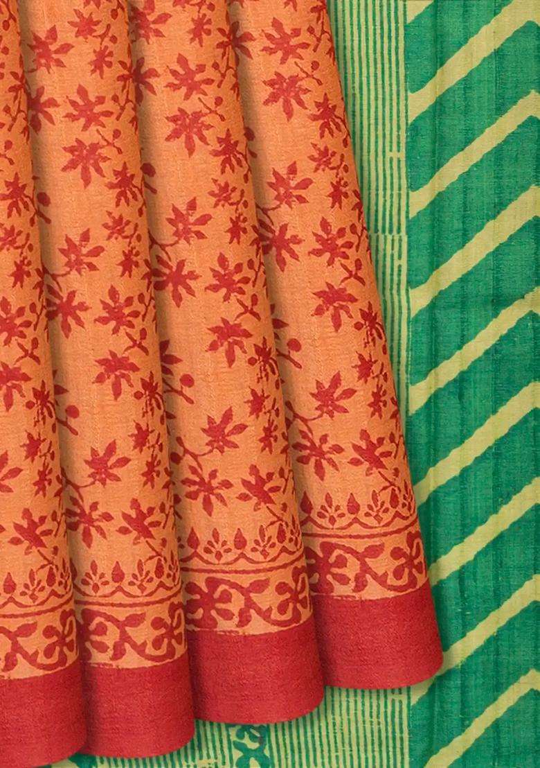 Peach Handloom Tussar Silk Saree With Printed Floral Motif Peach For Women - Indya