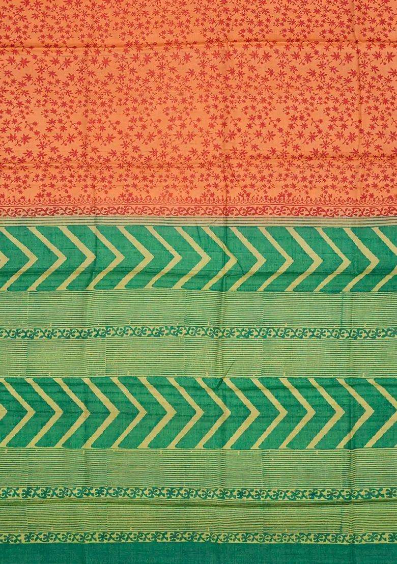 Peach Handloom Tussar Silk Saree With Printed Floral Motif Peach For Women - Indya
